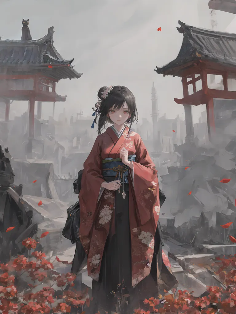 The image is a post-apocalyptic scene. A young woman in a red kimono stands in a ruined city. The buildings are all destroyed, and there is debris everywhere. The sky is dark and cloudy. The woman is looking at the destruction around her with a sad expression on her face. There is a black cat sitting on a nearby rooftop.