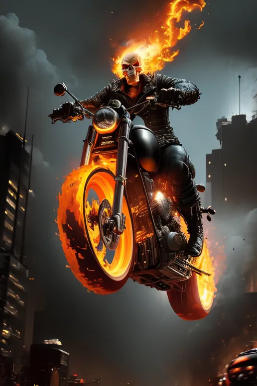 The image shows a man riding a motorcycle. The man is engulfed in fire, and the motorcycle is also on fire. The man is wearing a black leather jacket and pants. He is also wearing a helmet. The motorcycle is black and has a chrome engine. The man is riding in a city. There are buildings and cars in the background. The image is dark and gloomy.