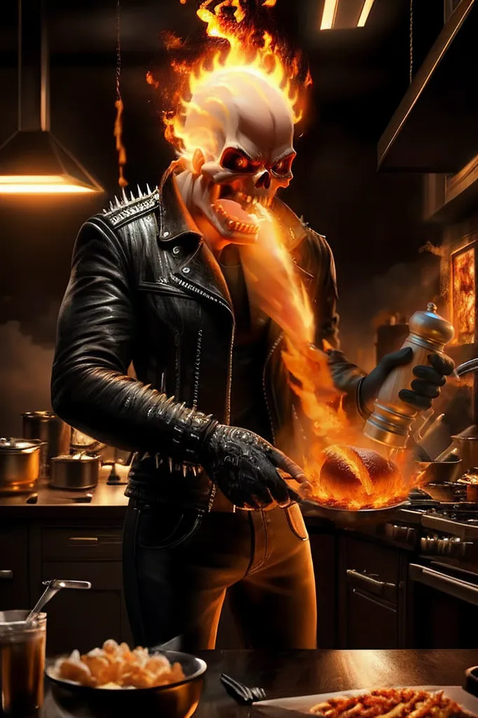 The image shows a skeleton wearing a black leather jacket and jeans cooking in a kitchen. The skeleton is on fire, and it is using its bare hands to cook a steak on a frying pan. The skeleton is also holding a salt shaker. There is a bowl of food on the counter. The background of the image is a dark kitchen with a window.