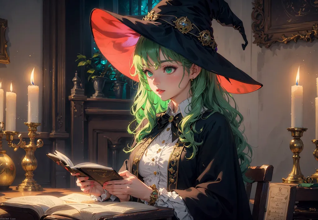 The image is of a young woman with long green hair and emerald green eyes. She is wearing a black and red witch hat with a white collar and a black dress with a white camisole. She is sitting at a wooden table with two books open in front of her. There are two candle holders with white candles on the table. There is a wooden bookshelf to her left and a grandfather clock behind her.