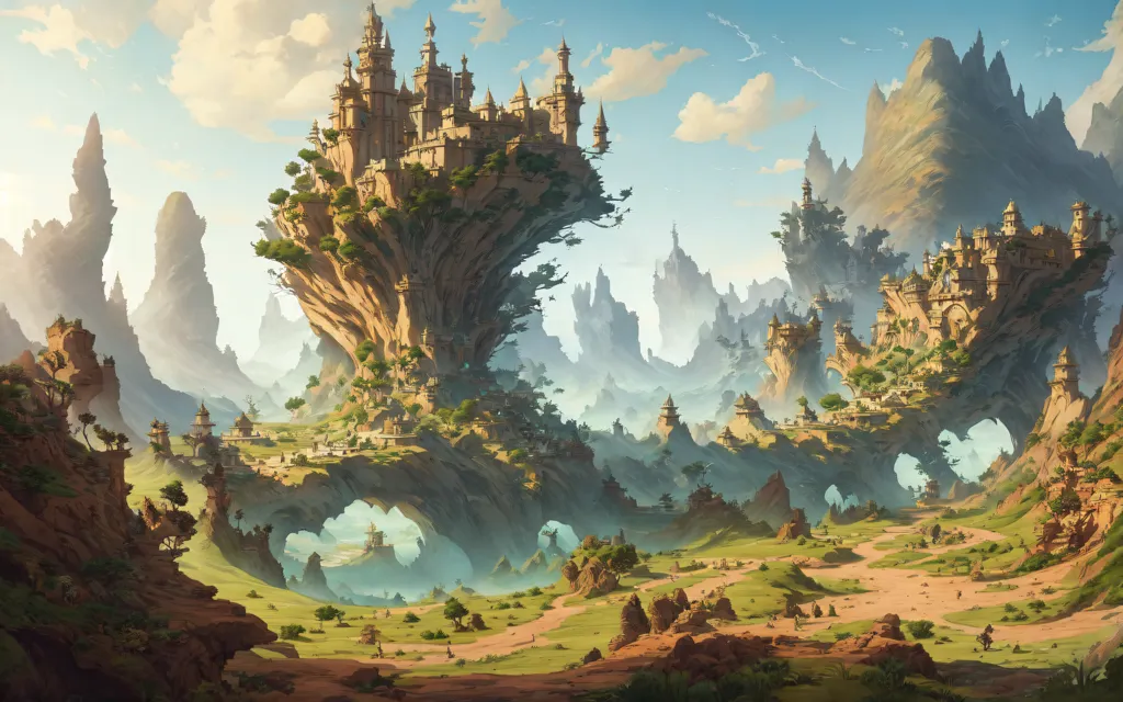 The image is of a fantasy landscape. There is a large tree in the center of the image, with a castle on top of it. The tree is surrounded by mountains, and there are other buildings on the mountains. There is a river running through the valley, and there are trees and grass on the banks of the river. The sky is blue, and there are clouds in the sky.