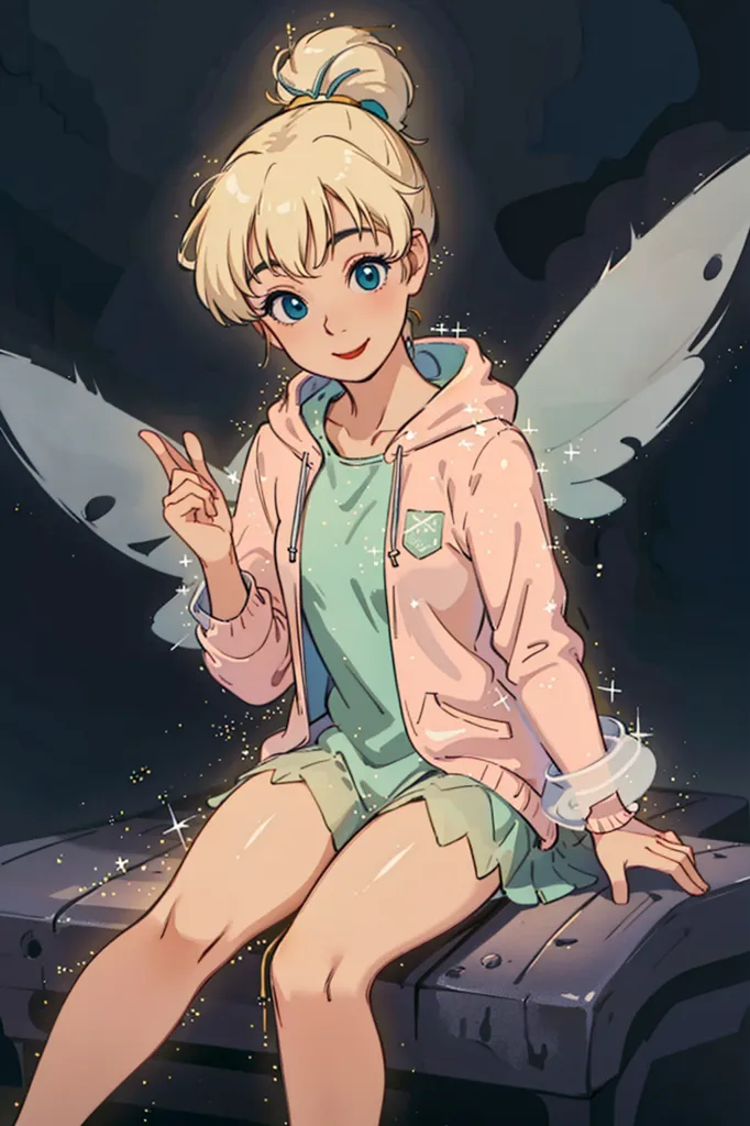 The image shows a young woman with blonde hair and blue eyes. She is wearing a white shirt, a pink hoodie, and a green skirt. She also has fairy wings and is sitting on a rock. The background is dark and there are some sparkles around her.