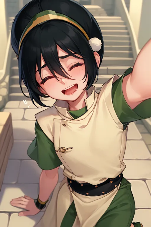 The image is of Toph Beifong from the Avatar: The Last Airbender series. She is shown kneeling on the ground and taking a selfie. She is wearing her signature green and yellow outfit and has a happy expression on her face. The background is a blurred out image of a city.