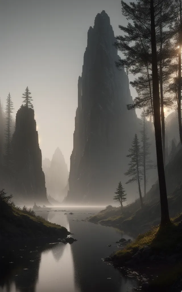 La imagen es una hermosa pintura de paisaje. Presenta un amplio río en primer plano, con una pequeña playa rocosa en el lado izquierdo y una pendiente empinada cubierta de pinos en el lado derecho. En el fondo, hay un pico montañoso imponente, que queda parcialmente oculto por las nubes. El cielo es de un gris oscuro y neblinoso. El estado de ánimo general de la pintura es de paz y tranquilidad.