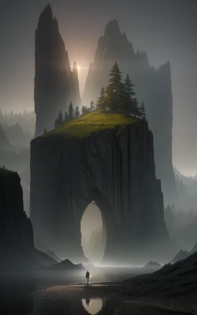 The image is a dark and moody landscape. There is a large rock formation in the center of the image that has a hole in it. A figure is standing in front of the hole. The rock formation is surrounded by mountains and trees. The sky is dark and cloudy. The water is reflecting the light from the sky.