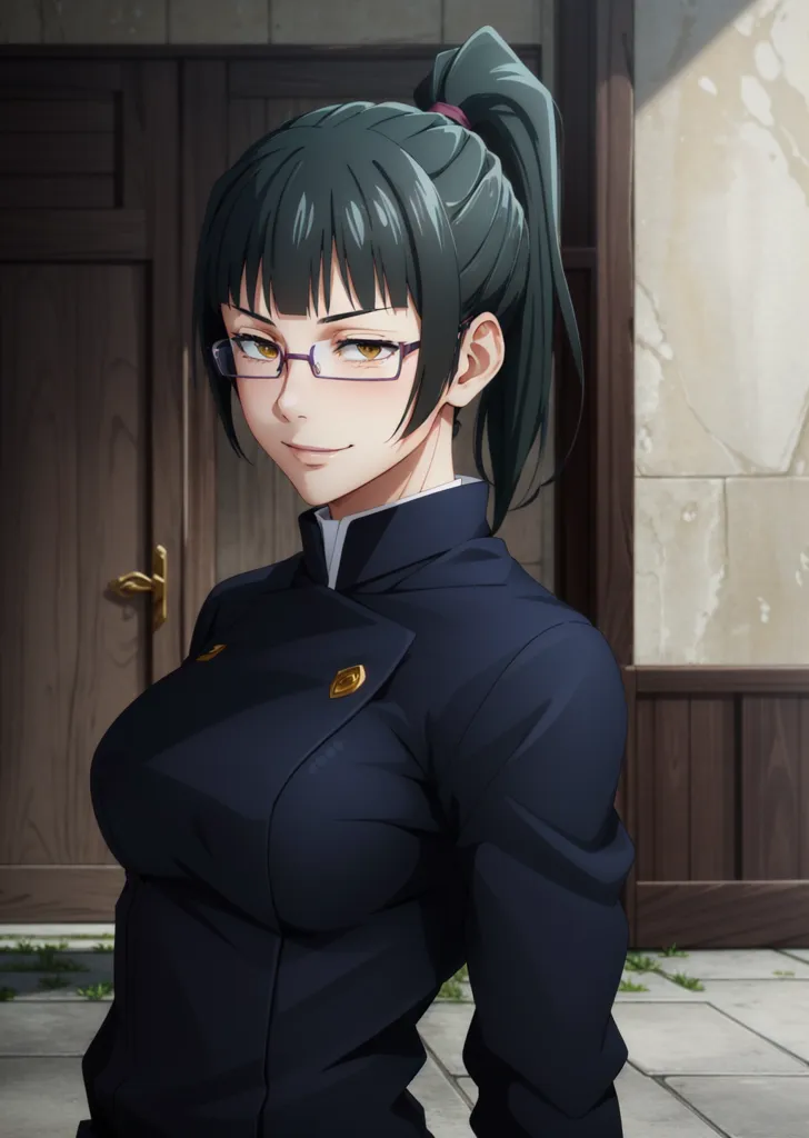 The image shows a young woman with green hair and brown eyes. She is wearing a black suit and glasses. She has a ponytail and is looking at the viewer with a confident expression. She is standing in front of a wooden door.