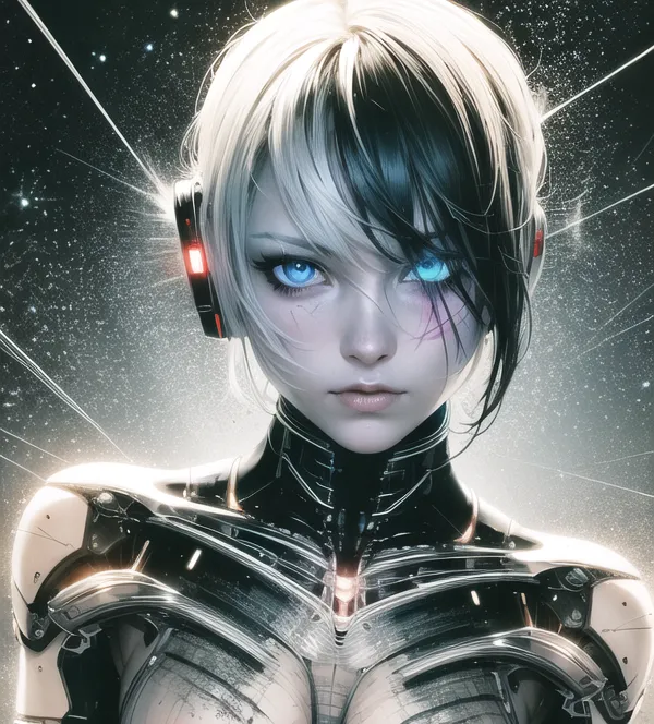 The image is a portrait of a beautiful young woman with short white and black hair. She has blue eyes and a small nose. She is wearing a black and silver bodysuit and has a lot of cybernetic enhancements. Her right eye has cybernetic enhancements, and her left arm is completely robotic. She is also wearing a pair of headphones. The background is a dark starry sky.