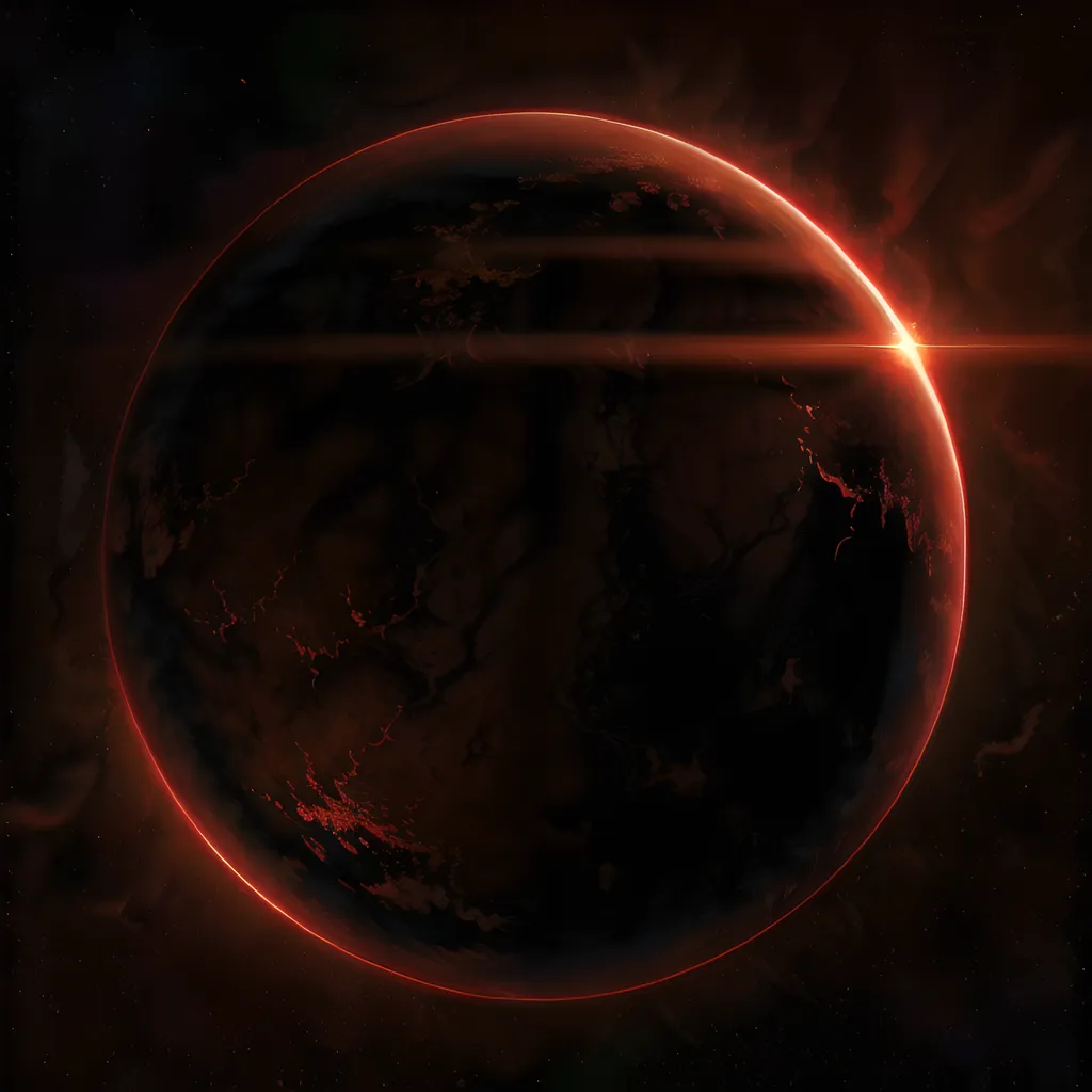 The image shows a dark planet with a red atmosphere. The planet is lit by a bright red light source, which is located to the right of the planet. The light source is casting shadows on the planet's surface. There are clouds in the planet's atmosphere.