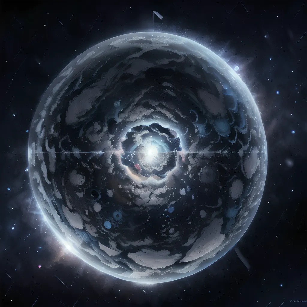 The image is a depiction of a planet with a glowing core. The planet is covered in a thick layer of ice and snow, with a large crater on its surface. The crater is surrounded by a series of concentric rings, which may be the result of an impact or volcanic activity. The planet is lit by a bright light source, which is likely a star. The light source is located in the center of the crater, and is surrounded by a series of concentric rings. The planet is also surrounded by a number of stars, which are likely to be part of the same planetary system.