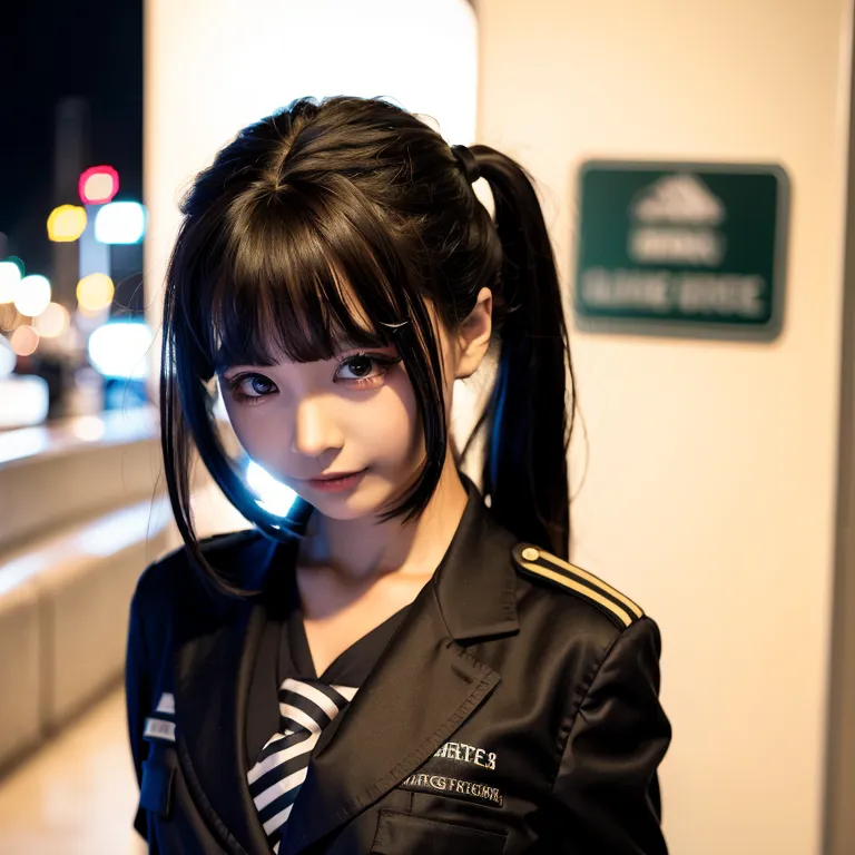 The image shows a young woman with long black hair tied in two ponytails. She has bangs and blue eyes. She is wearing a black and white striped shirt with a black jacket with gold buttons and epaulettes. She is also wearing a black tie. The background is blurred with bokeh lights.