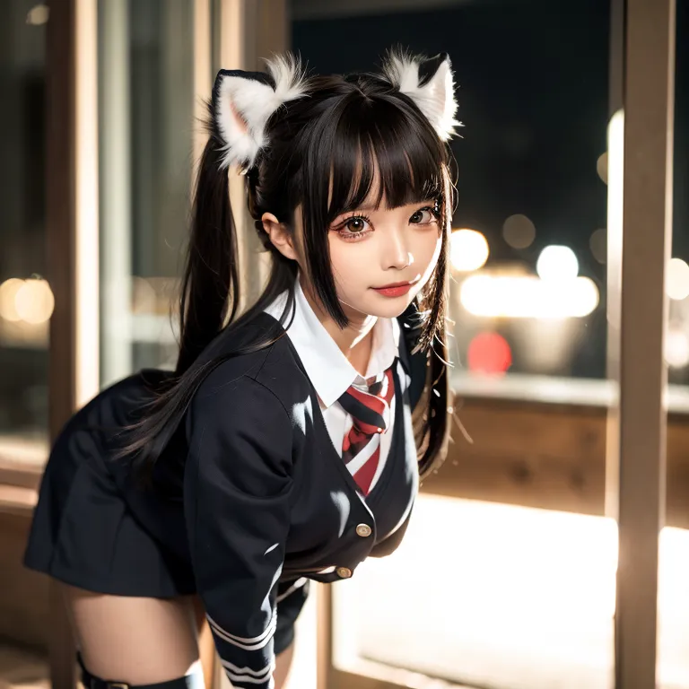 画像には長い黒髪と猫の耳を持つ若い女性が写っています。彼女は白いシャツ、黒いジャケット、赤いネクタイを着ています。また、黒いスカートと黒いブーツも履いています。彼女は床に膝をついて、カメラに向かって魅惑的な表情を浮かべています。