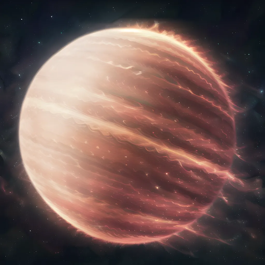 The image is of a planet with a fiery atmosphere. The planet is mostly white and pink, with swirling clouds of red and orange. The atmosphere is very thick and appears to be stormy. There are also some stars in the background.