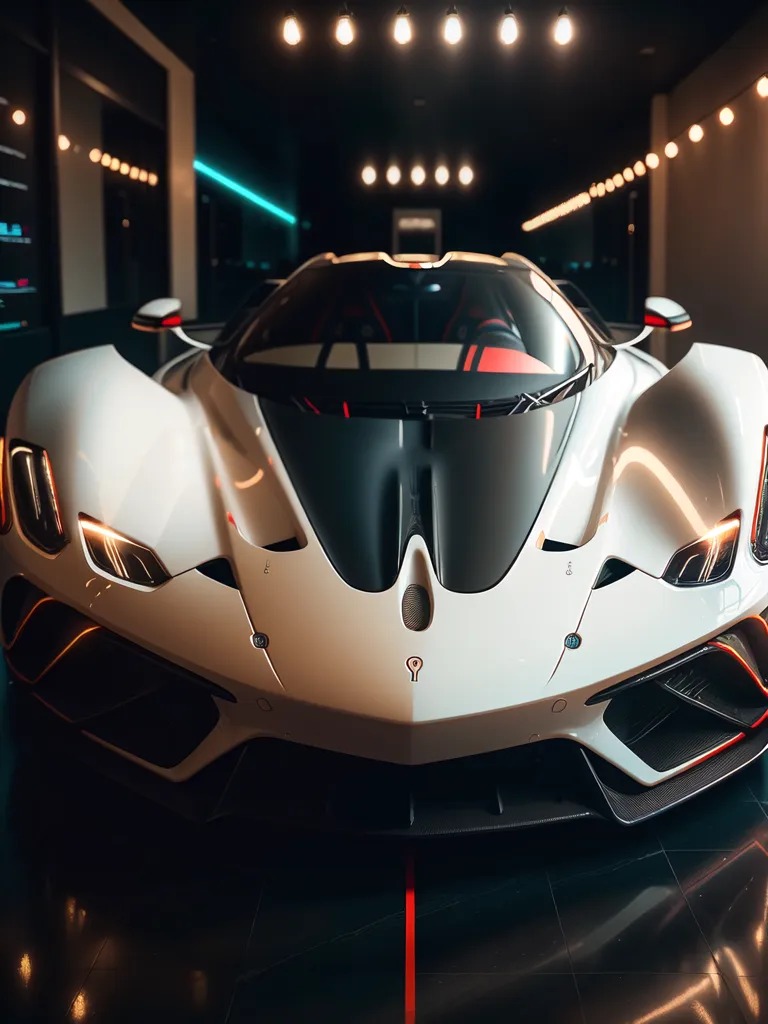 The image is a close-up of the front of a white and black supercar with a large front spoiler and a small hood scoop. The car is in a dark room with bright lights reflecting off its glossy paint. The car has a sleek, aerodynamic design and looks very fast.