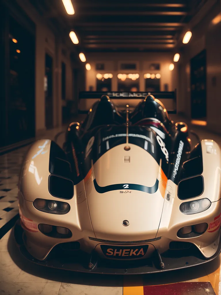 La imagen es de un automóvil deportivo blanco y plateado con un interior negro. Está estacionado en una habitación oscura con piso de baldosas y paredes de concreto. Hay focos que iluminan el automóvil desde el techo. El automóvil tiene un gran alerón delantero y un difusor trasero. También está muy cerca del suelo. El automóvil es un Sheka, que es un fabricante de automóviles deportivos libanés.