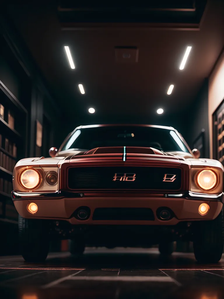 The image shows a classic car parked in a garage. The car is a light brown color with a black stripe down the hood. The headlights are on, and the car is illuminated by two spotlights. The garage is dark, with only the car and the spotlights visible. The car is a 1967 Pontiac GTO. It has a long hood and a short trunk. The car is in mint condition and looks like it has just been restored. The garage is empty except for the car. The floor is made of stone tiles, and the walls are painted white. The ceiling is high, and there are two skylights. The image is a still life, and there is no movement in the scene. The only sound is the gentle hum of the car's engine.