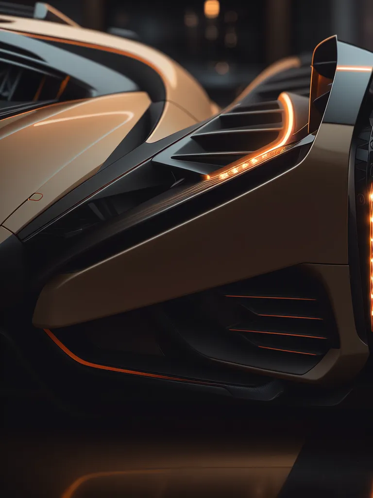 The image is a close-up of the front of a futuristic sports car. The car is gold and black with sharp angles and a sleek design. The headlights are narrow and orange, and the car has a large spoiler. The car is parked in a dark garage and the light is reflecting off of its surface.