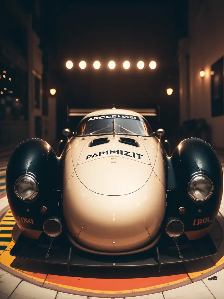 L'image montre une voiture de course vintage blanche et noire dans un garage faiblement éclairé. La voiture est dans un état impeccable et porte le numéro "1" sur son capot. Le mot "Papimizit" est écrit à l'avant de la voiture. Plusieurs projecteurs éclairent la voiture.