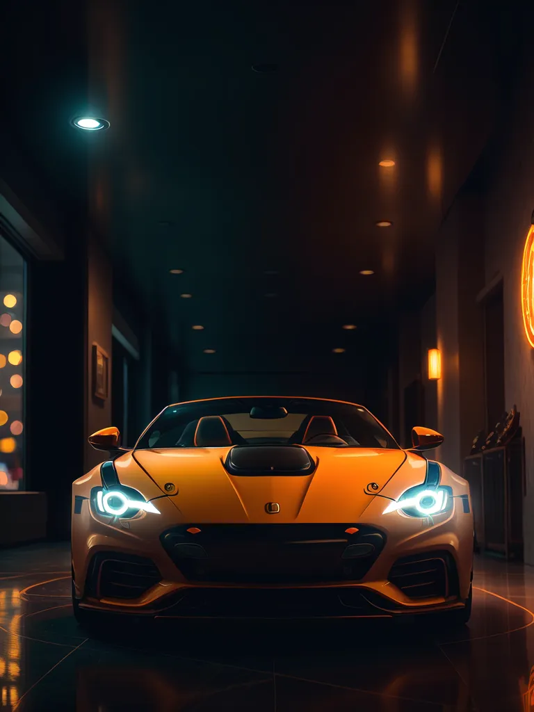 A yellow sports car is parked in a dark room. The headlights and taillights of the car are on. There is a building with bright lights in the background.