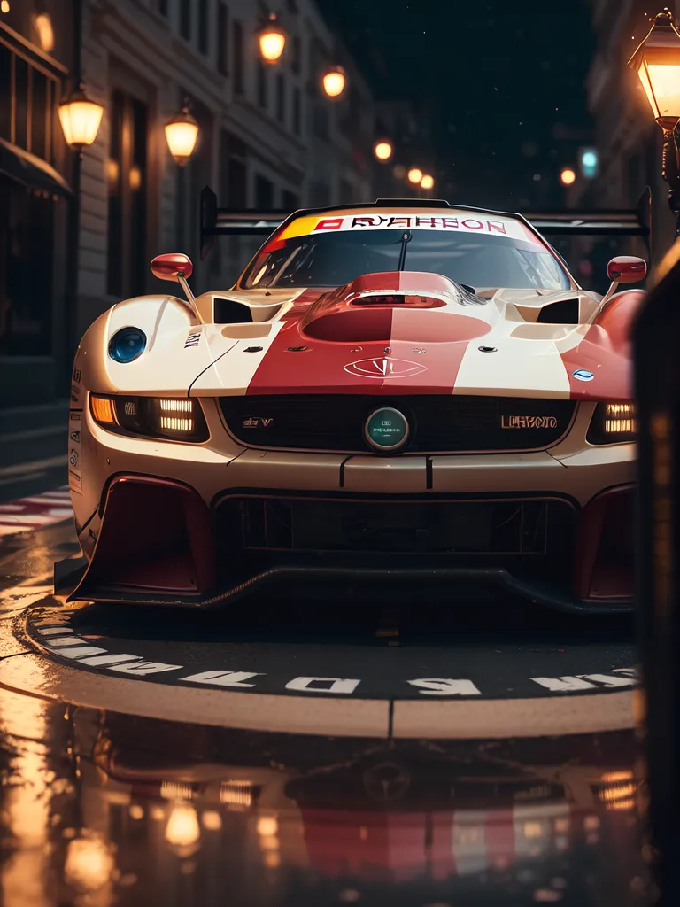 This is a photo of a red and white racecar on an urban street at night. The car is in the foreground and is sharply focused. The background is blurred and contains the outlines of buildings and street lights. The car is low to the ground and has a sleek design. It is red and white with a large front spoiler and a rear diffuser. The car is also very wide, with large wheels and tires. The street is wet and is reflecting the light from the street lights. The car is in the middle of the street and is surrounded by buildings. The buildings are tall and have a lot of windows. The street lights are on and are casting a yellow light. The image is very realistic and looks like a photograph.