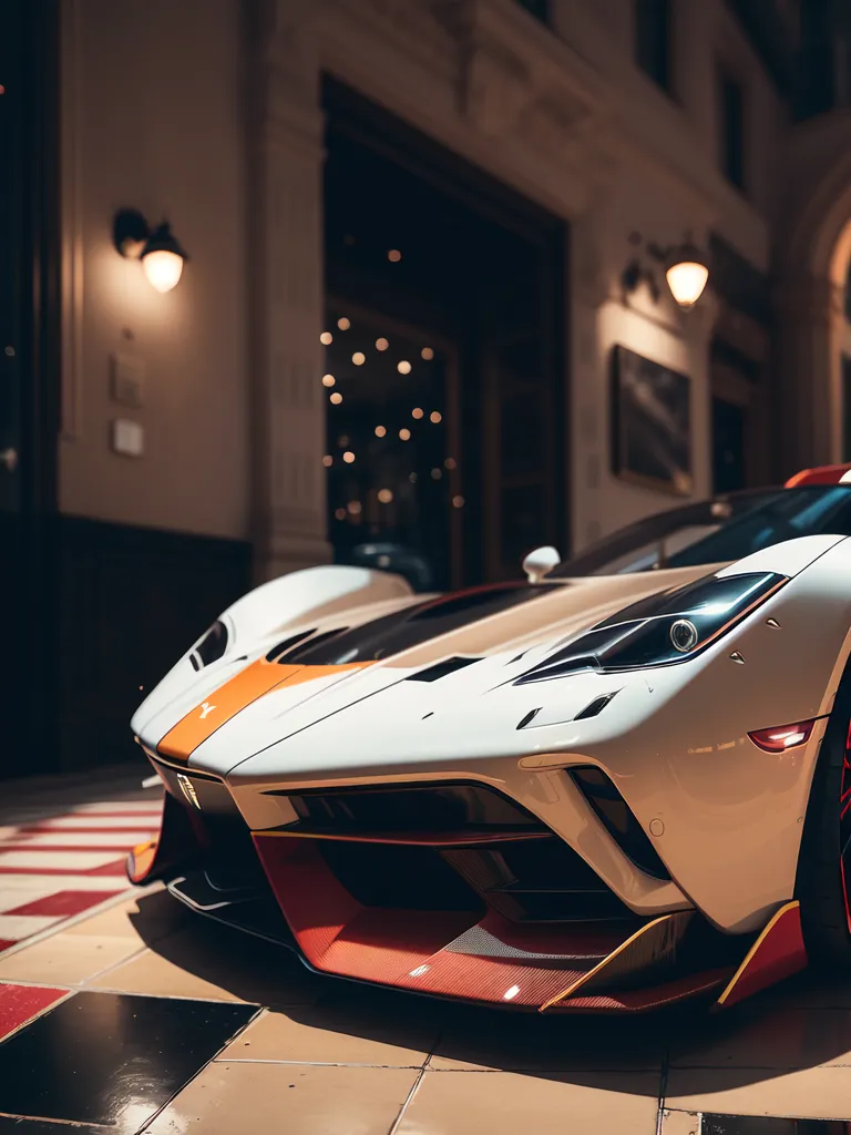 The image shows a white and orange sports car parked in a city street. The car is sleek and futuristic, with a low profile and sharp lines. It has a large front spoiler and a rear diffuser, as well as a set of stylish alloy wheels. The car is also very clean and well-maintained. The background of the image is a blurred city street, with the lights of the city reflecting off the car's paintwork. The overall effect of the image is one of speed and excitement.