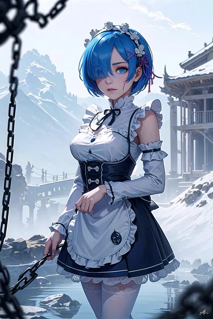 The image is of a young woman with blue hair and blue eyes. She is wearing a maid outfit with a white apron and a blue dress. She is also wearing a white headband with a blue ribbon. She is standing in a snowy landscape with a large building in the background. There are also mountains in the background. The woman is holding a chain in her right hand. She has a sad expression on her face.