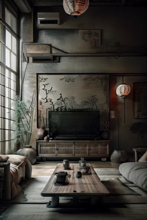 L'image représente un salon avec une télévision. La pièce est décorée dans un style japonais moderne. Il y a deux grandes fenêtres qui laissent entrer beaucoup de lumière. Les murs sont peints dans une couleur gris clair et décorés d'une grande peinture d'un arbre. Le sol est recouvert de nattes de tatami. Il y a une table basse en bois au centre de la pièce avec une télévision posée dessus. Il y a aussi plusieurs coussins et oreillers au sol. La pièce est éclairée par une seule lampe.