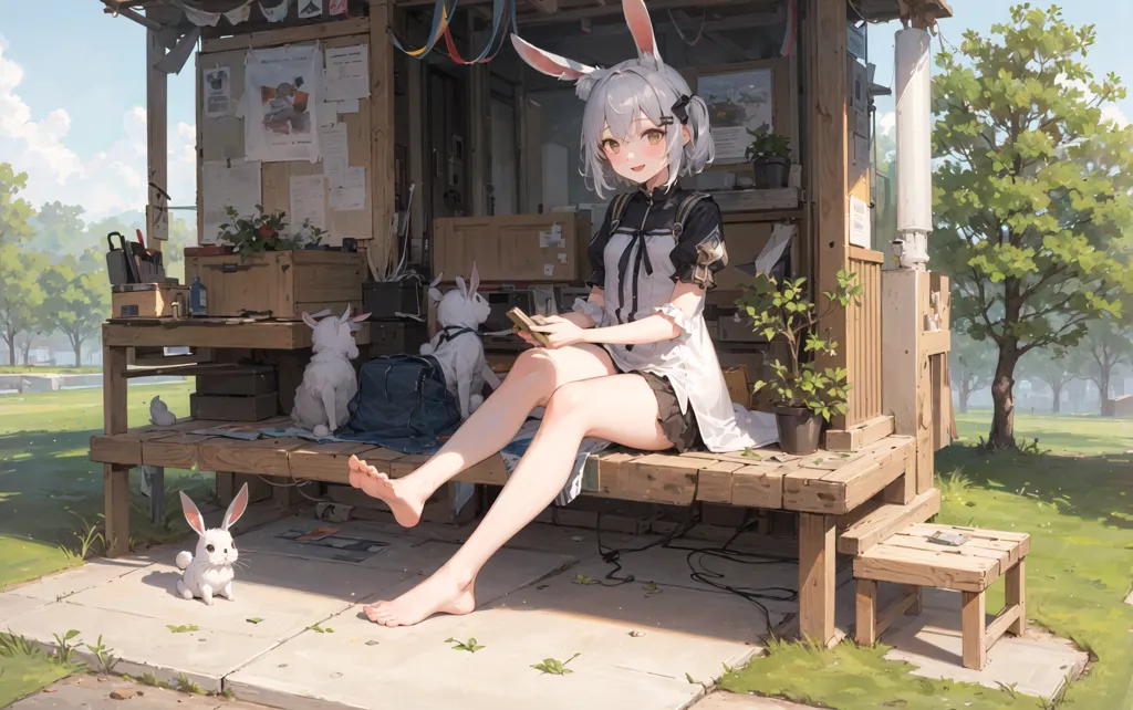 The image is of an anime girl with white bunny ears and white hair. She is wearing a white and black dress and is sitting on a bench in an outdoor area. She is reading a book and there are three white bunnies around her. The background is a green field with a tree and a small body of water.