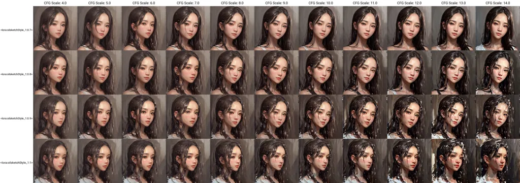 The image shows a grid of 30 different images of a woman's face. The images are arranged in 5 rows and 6 columns. The woman has long, dark hair and brown eyes. She is wearing a white shirt. The images are all in the same style, but they vary in the woman's expression and pose. In the first row, the woman is looking at the camera with a neutral expression. In the second row, she is smiling. In the third row, she is looking away from the camera with a sad expression. In the fourth row, she is looking at the camera with a surprised expression. In the fifth row, she is looking at the camera with a thoughtful expression.