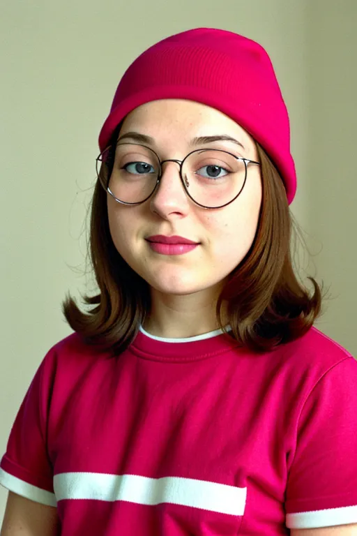 Esta é uma foto de uma jovem vestida como Meg Griffin da série de televisão animada Family Guy. Ela está usando um gorro rosa, uma camisa rosa com uma faixa branca e óculos. Ela tem cabelos castanhos longos e um sorriso ligeiramente tímido no rosto.