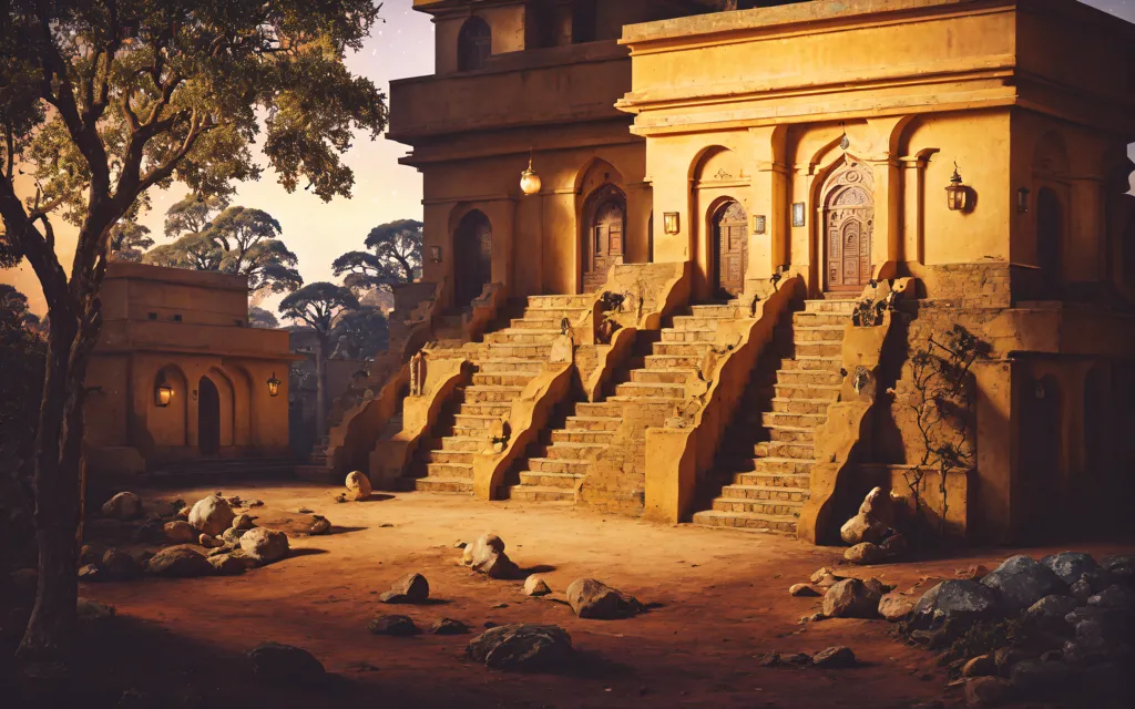 The image shows an ancient building with two staircases leading up to two different entrances. The building is made of yellow stone and has intricate carvings on the walls. There is a tree next to the building and several large rocks in front of it. The sky is dark and there are no people in the image.