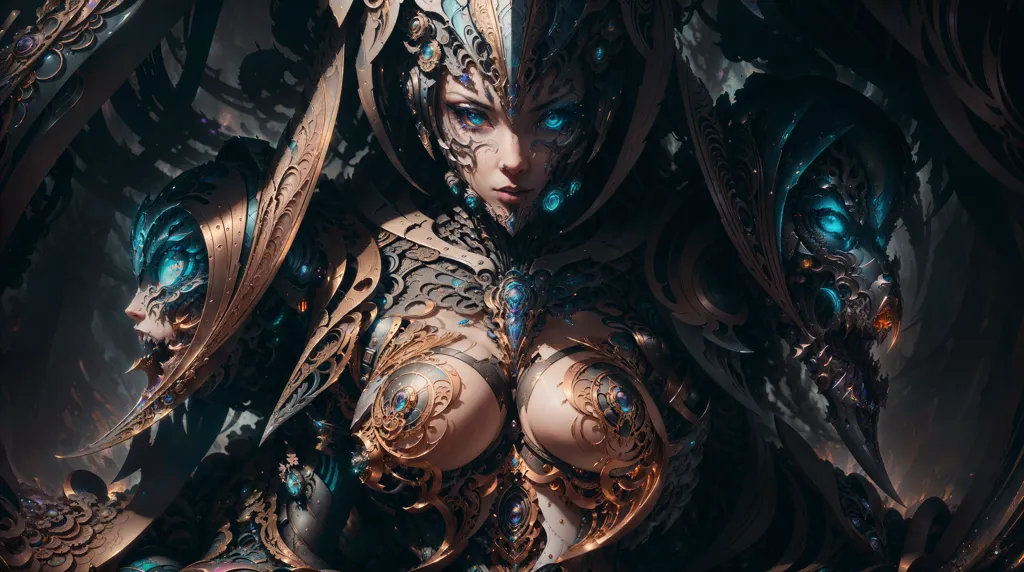 Ini adalah gambar karakter perempuan dengan kulit biru dan mata biru yang bercahaya. Dia mengenakan armor logam gelap dengan aksen emas dan batu permata biru. Armor tersebut memiliki desain dan pola yang rumit. Dia memiliki bola biru yang bercahaya di dadanya. Dia berdiri di latar belakang gelap dengan asap atau kabut di sekitarnya.