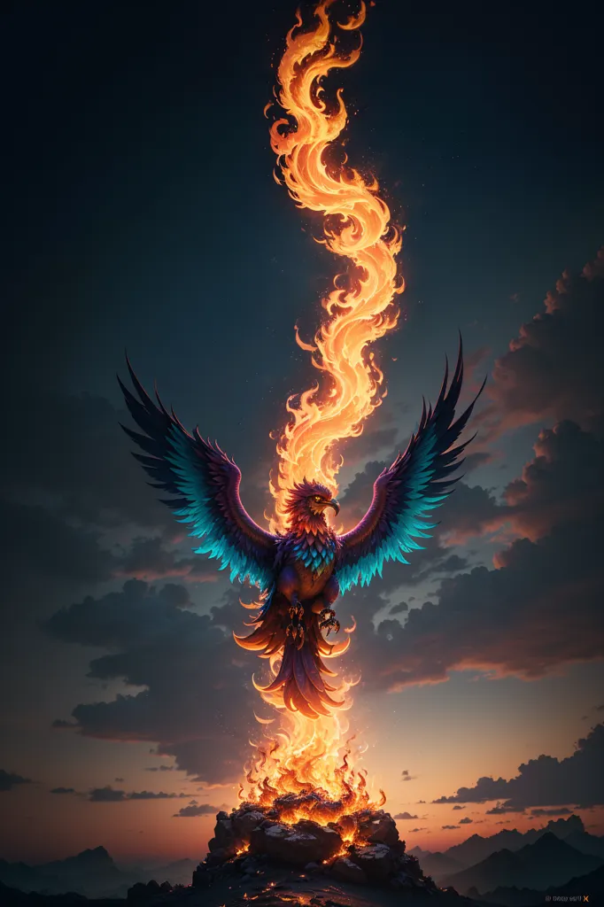 The image is a painting of a phoenix rising from the ashes. The phoenix is a mythical bird that is said to be a symbol of hope and renewal. It is often depicted as a bird with a long, flowing tail and brightly colored feathers. In this painting, the phoenix is shown as a blue and gold bird with a long, fiery tail. It is rising from a pile of ashes, and its wings are outstretched. The background of the painting is a dark, stormy sky. The painting is done in a realistic style, and the artist has used a variety of techniques to create a sense of depth and realism. The painting is both beautiful and powerful, and it captures the essence of the phoenix myth.