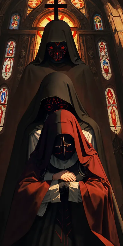 The image is of three figures in a church. The figures are all wearing black robes with red sashes. The figure in the middle is wearing a red hood with a white cross on it. The figure on the left is wearing a black hood with a red cross on it. The figure on the right is wearing a black hood with a white cross on it. The background of the image is a stained glass window with a cross in the center.