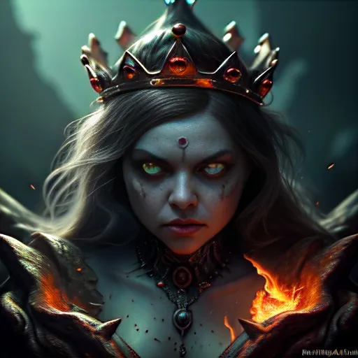 The image shows a woman with long blonde hair, green eyes, and a crown on her head. She is wearing a dark dress with a red and gold necklace. She has a serious expression on her face. There are flames on either side of her head.