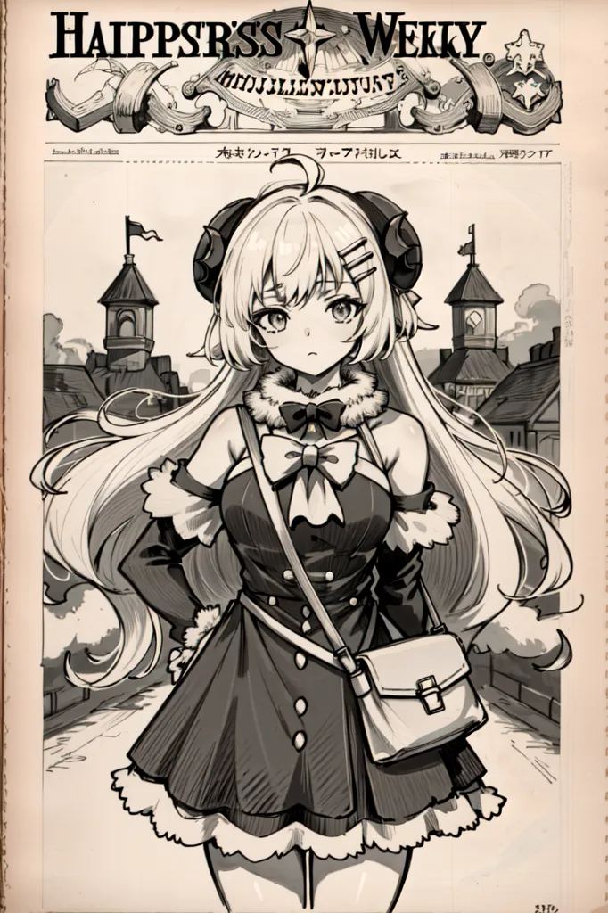 The image is a black and white illustration of a girl with long white hair and black horns. She is wearing a dress with a bow on the chest and a small bag over her shoulder. She is standing in a European-style street with a castle in the background. The image is drawn in a realistic style and the girl is depicted with a soft, gentle expression.