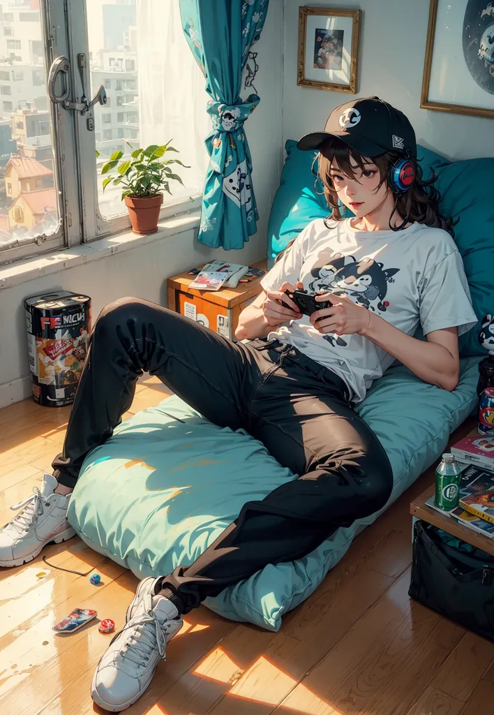 The image shows a young woman sitting on a large pillow on the floor in a room with wooden floors. She is wearing a white shirt, black pants, and white sneakers. She has a black cap on and is wearing headphones. She is holding a video game controller and there is a video game case on the floor in front of her. There is a window to her left with a plant on the window sill. There is a blue curtain behind her. There are some pictures on the wall behind her. There is a shelf on the wall to her right with some books and magazines on it. There is a green can on the floor next to the shelf.