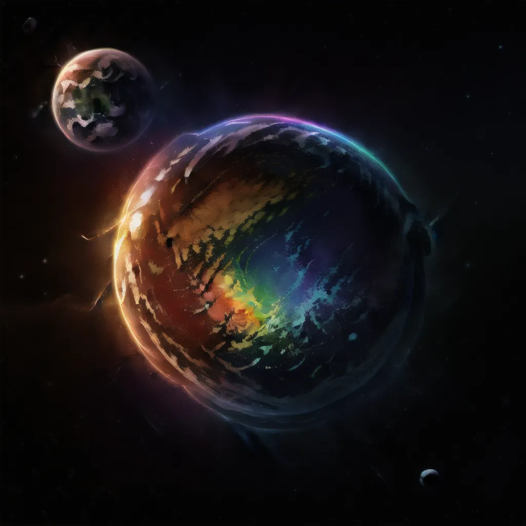 The image is an artist rendering of two planets in space. The planet in the foreground is a terrestrial planet with a blue ocean. The planet in the background is a gas giant with a swirling atmosphere. Both planets are orbited by moons. The background is a field of stars.