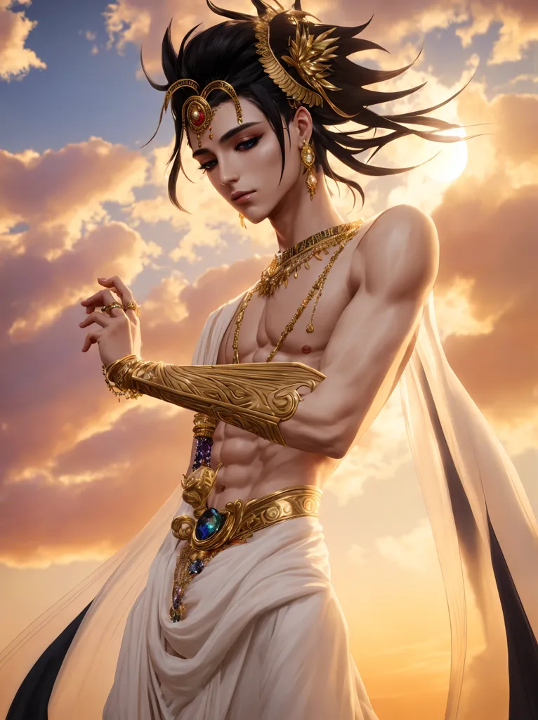 This image shows a shirtless man with long black hair and dark skin. He is wearing a white skirt and a golden belt with a blue jewel in the center. He has a golden necklace and a golden bracelet on his right arm. He is standing in front of a cloudy sky with a sunbeam shining down on him from the upper right corner.