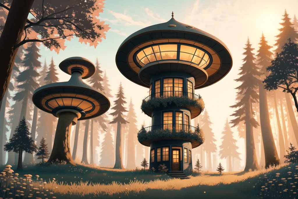 The image is of two large, futuristic houses in a forest. The houses are shaped like mushrooms, with large, round windows and a conical roof. They are made of a light gray material and have a smooth, futuristic appearance. The houses are surrounded by tall trees and a variety of plants and flowers. The sky is a light blue color, and the sun is shining brightly. The image has a very peaceful and serene atmosphere.