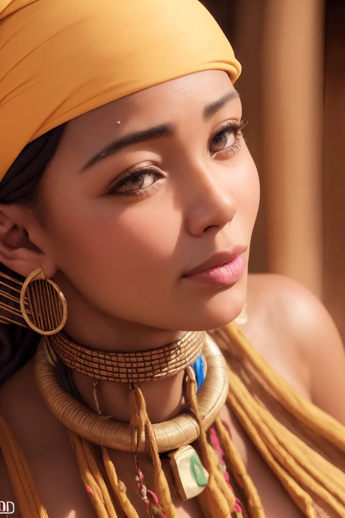 Esta imagen muestra a una mujer joven, probablemente de principios de los 20, con piel morena y cabello oscuro. Lleva un pañuelo amarillo en la cabeza y mucha joyería, incluyendo un collar, pendientes y un aro en la nariz. El fondo está borroso, pero parece que está en un desierto u otro lugar caliente y seco.