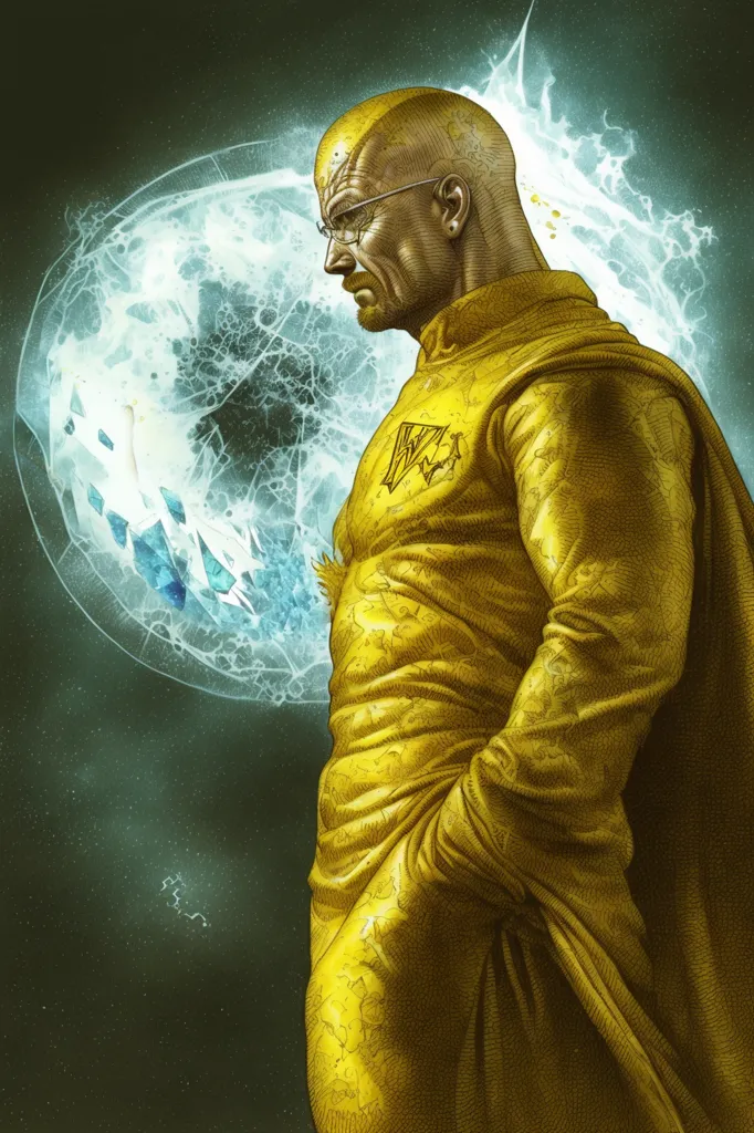 Ini adalah gambar Walter White dari acara TV Breaking Bad. Dia berdiri di depan latar belakang biru dan putih, mengenakan baju hazmat kuning dengan huruf W putih di dada. Dia botak dan memiliki jenggot. Dia melihat ke samping dengan ekspresi serius.