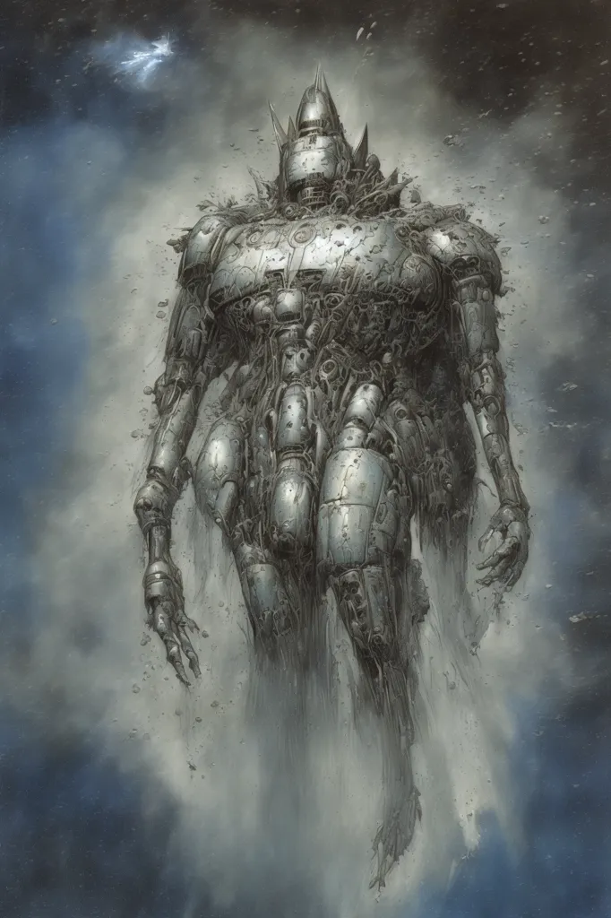 La imagen es de un robot gigante. Está hecho de metal y tiene mucho detalle. El robot está de pie en un lugar oscuro. Hay nubes a su alrededor. El robot está mirando al espectador. Tiene una cabeza grande y un cuerpo grande. Los brazos del robot son largos y sus piernas son cortas. Los pies del robot son grandes y planos. El cuerpo del robot está cubierto de armadura. La cabeza del robot está cubierta por un casco. Los ojos del robot están brillando. La boca del robot está abierta. El robot no se está moviendo.