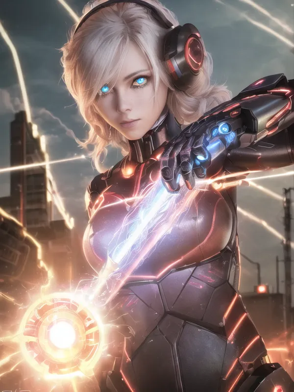 The image depicts a female character with short white hair and blue eyes. She is wearing a black and red bodysuit with various technological gadgets and accessories, including a pair of headphones, a gauntlet on her right arm, and a device on her left arm that seems to be channeling energy. The background shows a futuristic cityscape with tall buildings and a stormy sky. The character appears to be in the middle of a battle, as she is surrounded by energy blasts and debris.