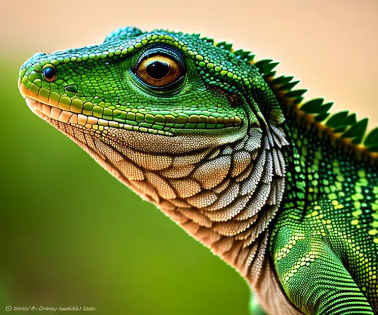 Um lagarto verde-brilhante está olhando para a câmera. O lagarto tem um olho amarelo com uma pupila preta, e seu corpo é coberto de escamas verdes. As escamas em suas costas são pontiagudas, e as escamas em sua barriga são lisas. A língua do lagarto é rosa, e seus dentes são brancos. O fundo está desfocado, e o lagarto está em foco.