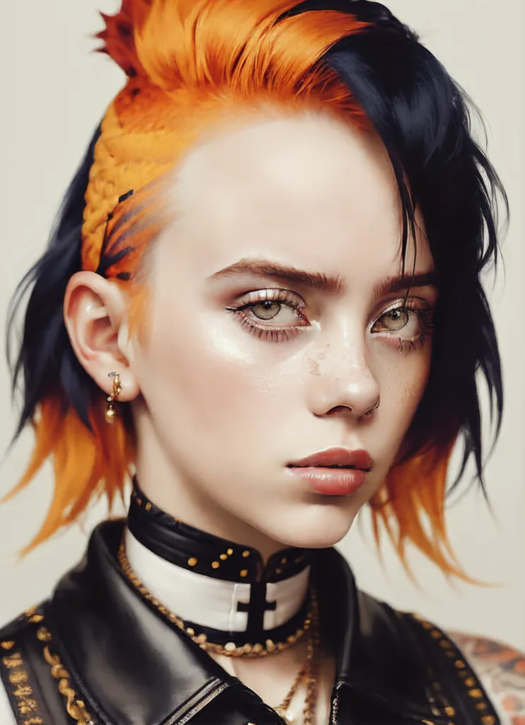 The image is a portrait of a young woman with an orange and black undercut. She is wearing a black leather jacket with a white collar and a gold necklace with a pendant in the shape of a cross. Her right ear has two earrings, a hoop earring and a stud earring. She has light makeup on and her lips are glossy pink. There is a tattoo on her right arm. She is looking at the viewer with her head tilted slightly to the right.