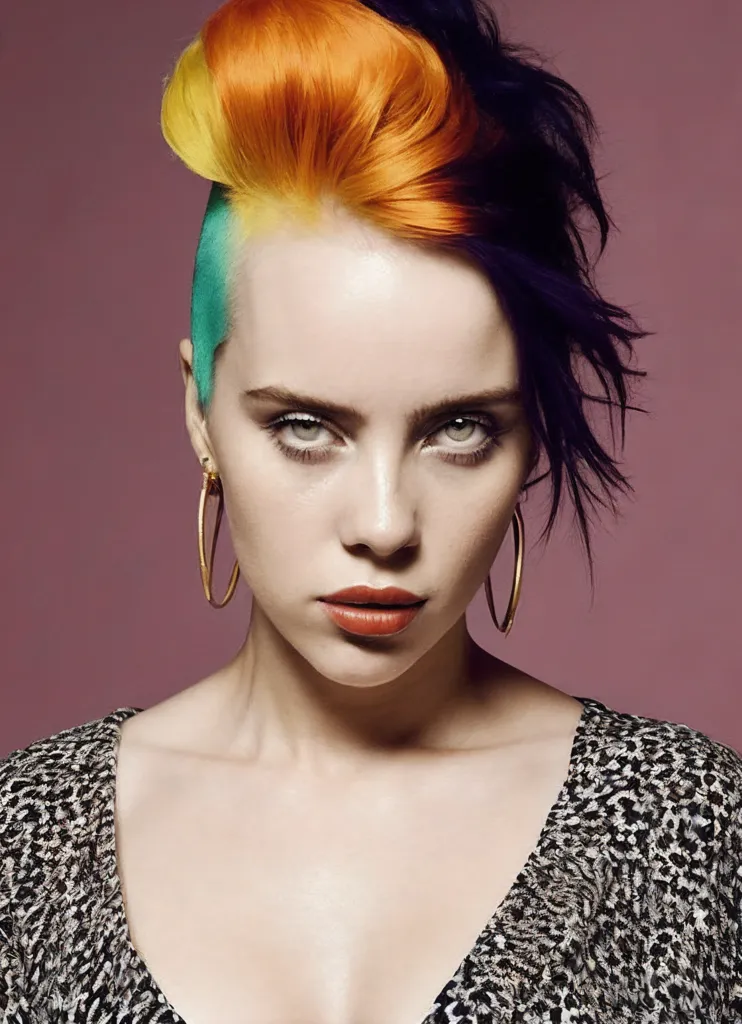 A imagem mostra uma mulher jovem com cabelo curto. O cabelo é multicolorido. A metade superior é laranja, a metade inferior é preta e o lado direito é verde. Ela está usando uma camisa preta e branca com bolinhas. Ela tem olhos castanhos e está usando uma cor de batom escura. Ela está olhando para a câmera com uma expressão séria. Ela está usando brincos de argola.