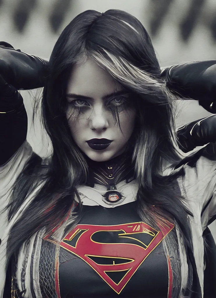 The image is of a young woman with long black hair and red lipstick. She is wearing a black and red outfit with a red cape. The symbol of Superman is on her chest. She is looking at the viewer with a serious expression. Her eyes are glowing white and her skin is pale.