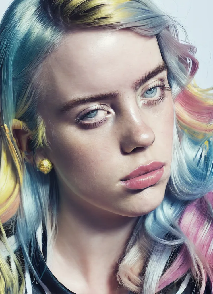 A imagem mostra uma mulher jovem com cabelos longos e ondulados. O cabelo é uma variedade de cores, incluindo azul, verde, amarelo e rosa. Os olhos da mulher são azuis e seus lábios são rosa. Ela está usando uma camisa branca e um casaco preto. O fundo é branco e há uma luz suave brilhando no rosto da mulher. A mulher olha para a câmera com uma expressão séria.