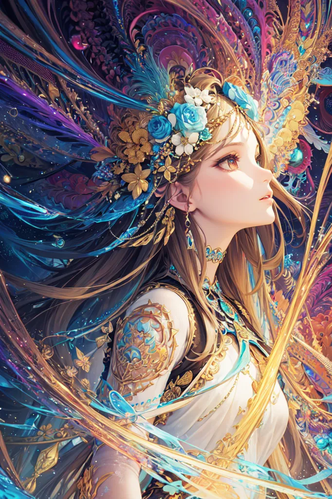 The image is a painting of a beautiful woman with long, flowing hair. She is wearing a white dress with a gold and blue sash. Her hair is adorned with flowers and she is wearing a necklace and earrings. The background is a swirling mass of colors and shapes. The woman's eyes are closed and she has a serene expression on her face. The painting is done in a realistic style and the colors are vibrant and lifelike.