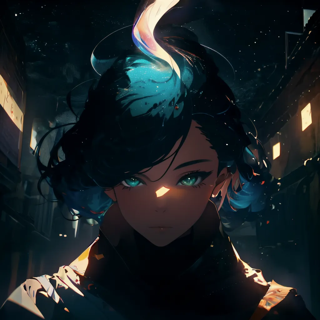 The image is a portrait of a young woman with blue hair and green eyes. She is wearing a black jacket with a white collar and has a determined expression on her face. The background is dark and out of focus, with a few blurry lights in the distance. The woman's hair is blowing in the wind and she has a glowing white streak in her hair.